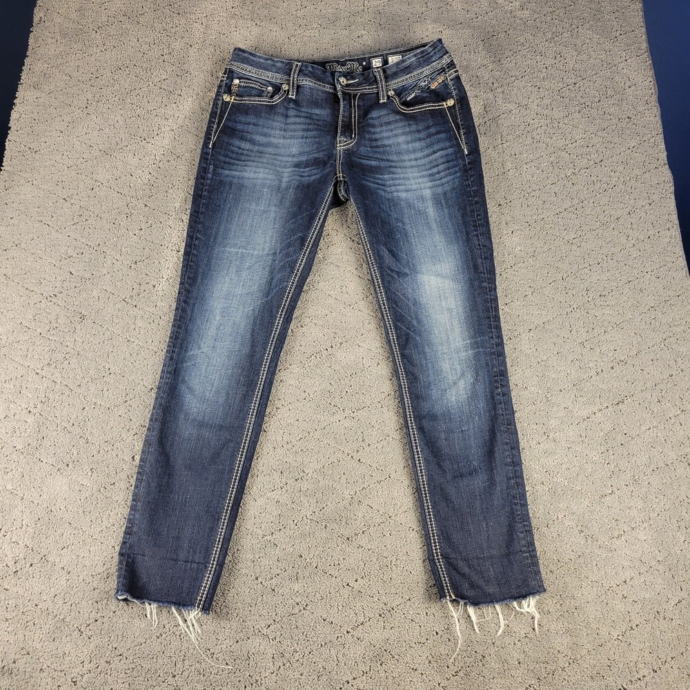 Miss Me Jeans Womens 29 Blue Mid Rise Easy Skinny Dark Wash Raw Hem Rhinestones‎